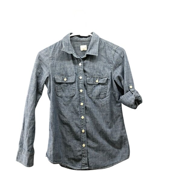 J. Crew Perfect Shirt Womens XXS Blue Chambray Utility Cotton Roll Tab Sleeve - Picture 1 of 9